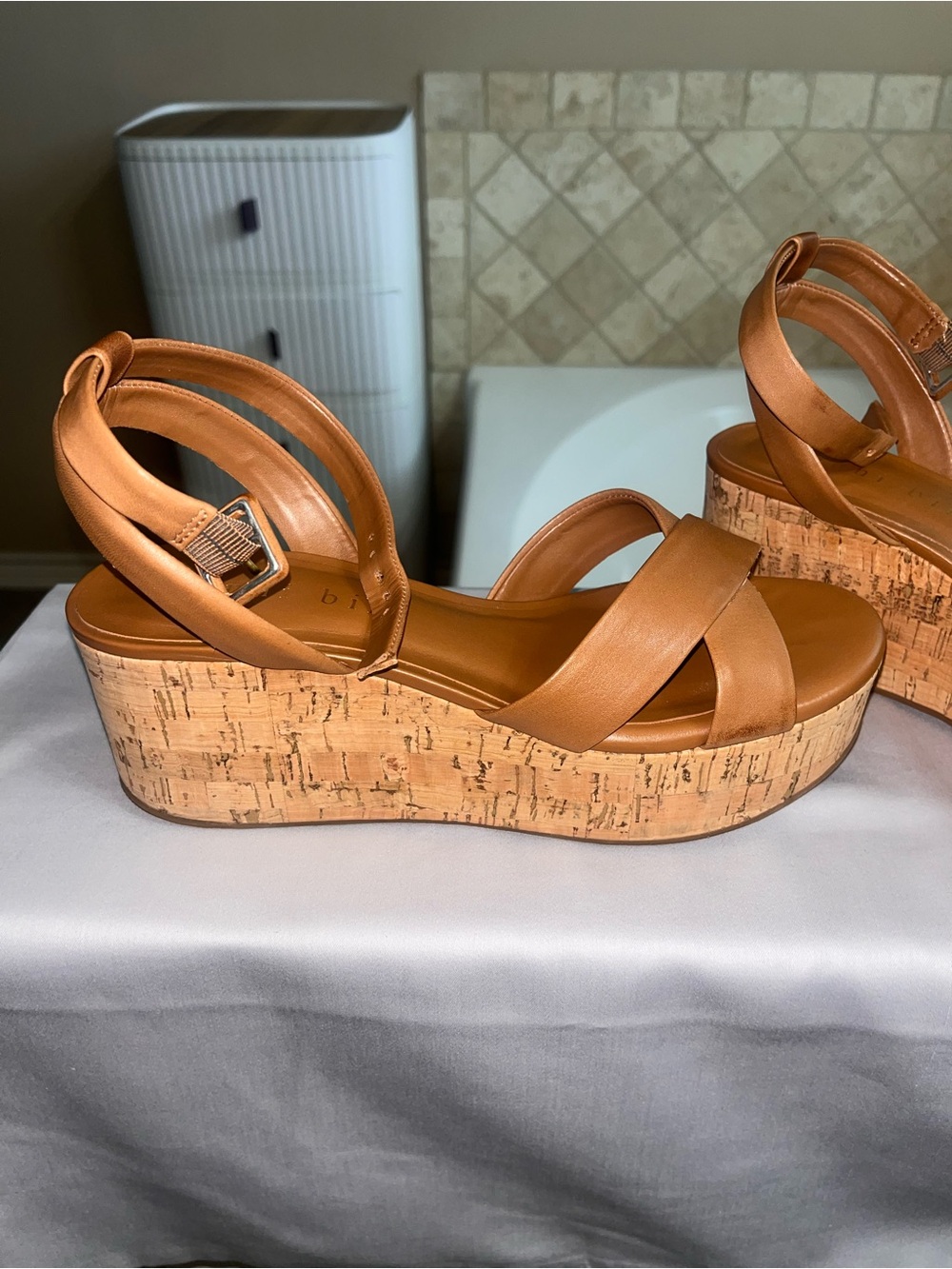 Gianni Bini Tan Cork Platform Strappy Wedge Sandals - Picture 2 of 5